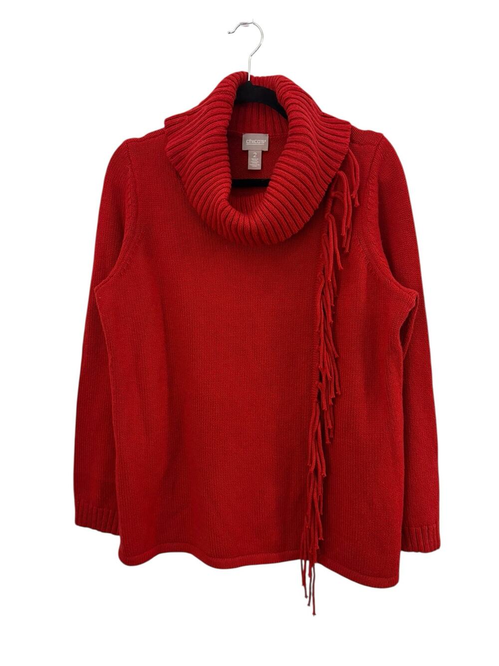 Chicos Red Sweater Cowl Neck Fringe Detail Long Sleeve Cotton Blend Christmas L